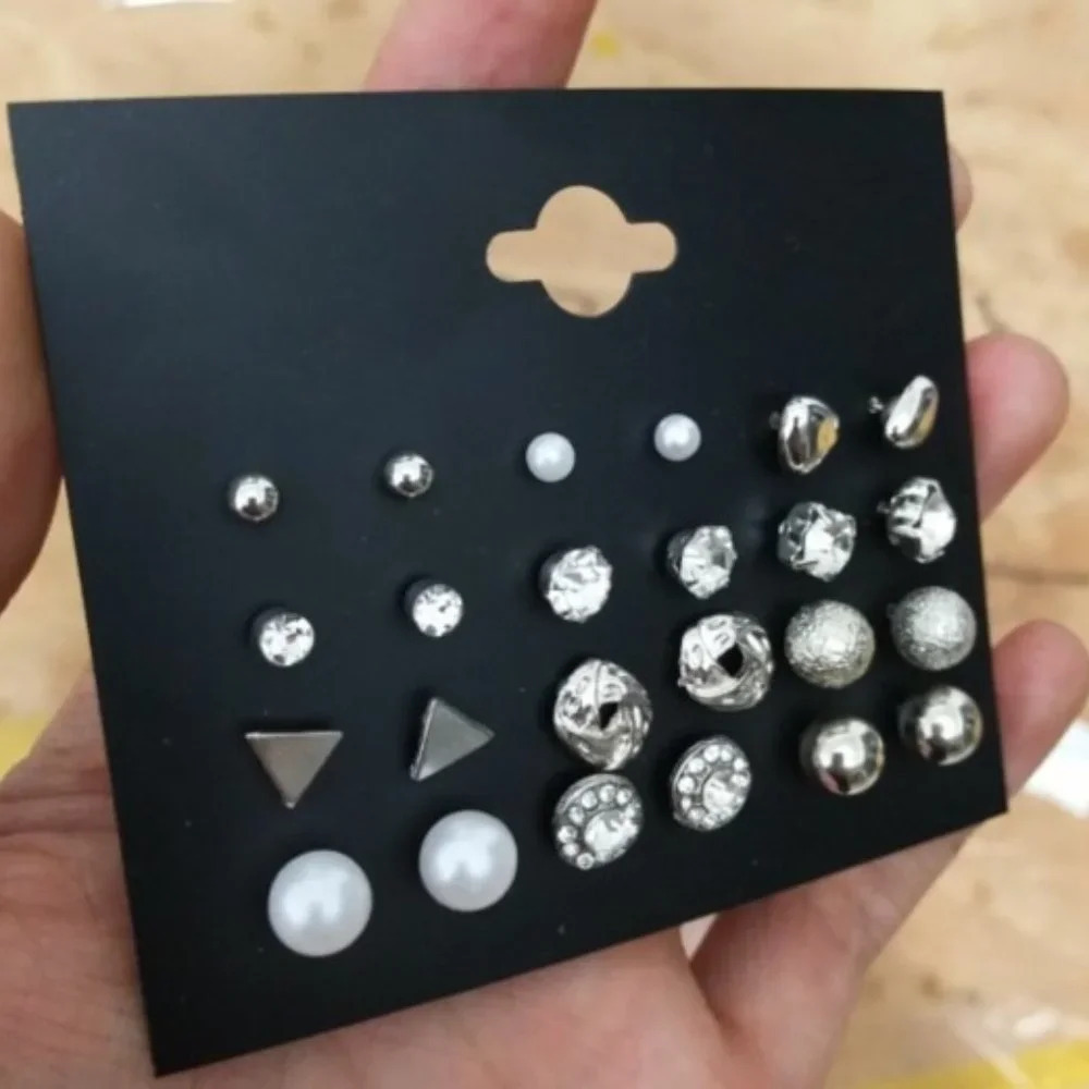 🌸12 Pair 925 Silver Geometric Crystal Stud Earring Set Mix for Women, F274